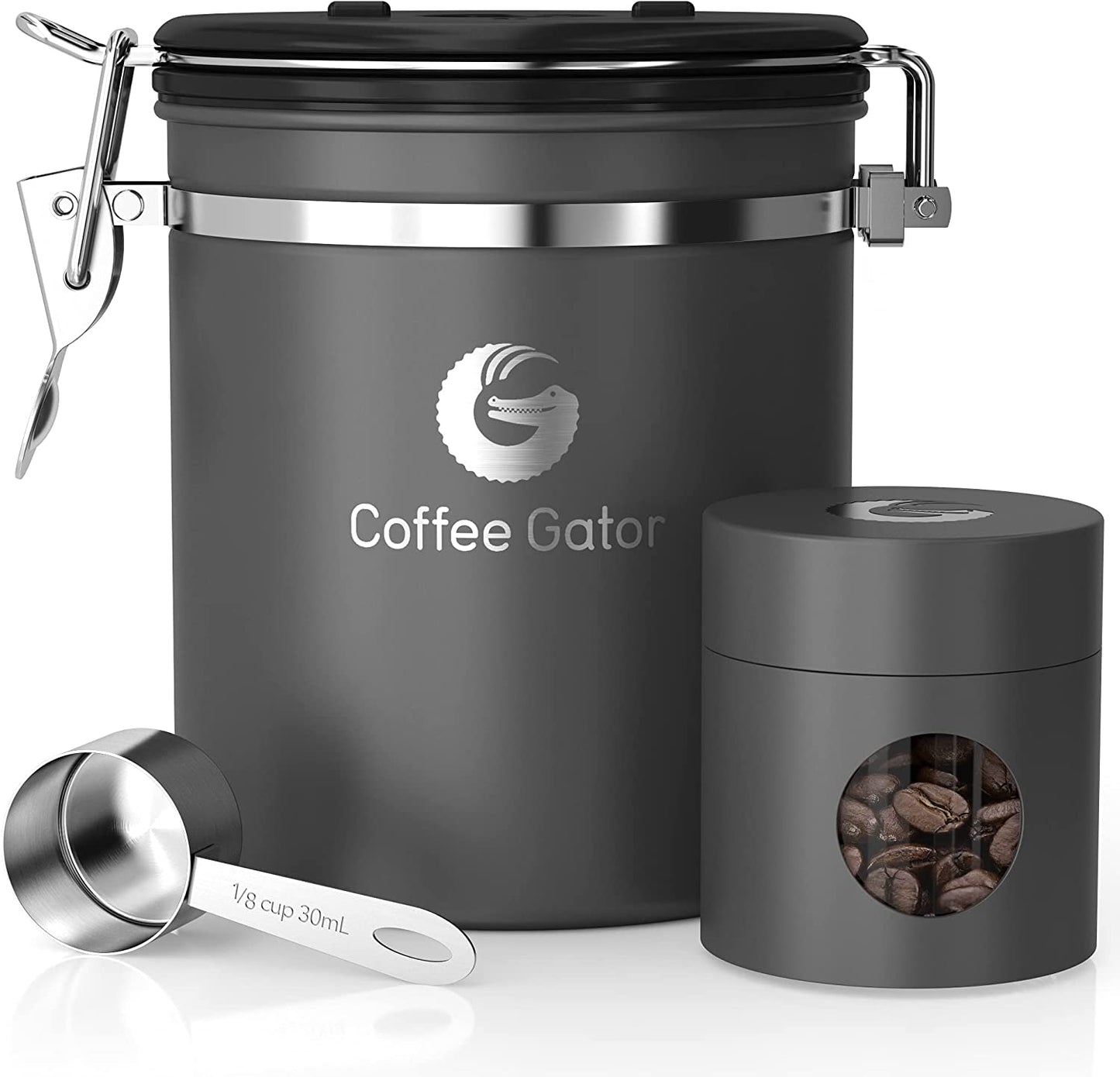 Coffee Canister – 6” Stainless Steel Airtight Coffee Containers for Ground Coffee W/ Date Tracker, Co2-Release Valve, Measuring Scoop & Travel Jar - Medium, Gray
