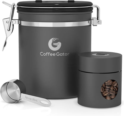 Coffee Canister – 6” Stainless Steel Airtight Coffee Containers for Ground Coffee W/ Date Tracker, Co2-Release Valve, Measuring Scoop & Travel Jar - Medium, Gray