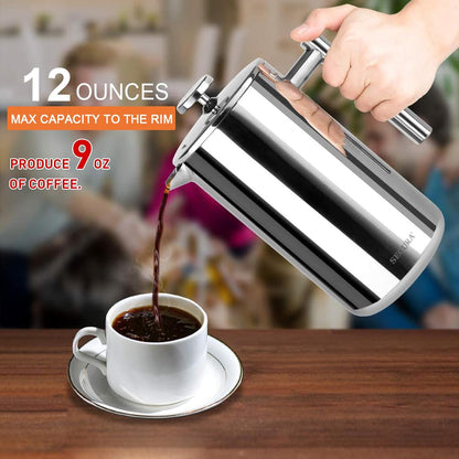 French Press Coffee Maker, 304 Grade Stainless Steel Insulated Coffee Press with 2 Extra Screens, 12Oz (0.35 Litre), Silver (SFP-12DS)