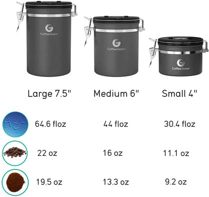 Coffee Canister – 6” Stainless Steel Airtight Coffee Containers for Ground Coffee W/ Date Tracker, Co2-Release Valve, Measuring Scoop & Travel Jar - Medium, Gray