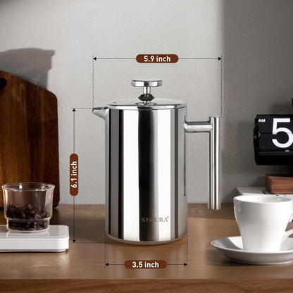 French Press Coffee Maker, 304 Grade Stainless Steel Insulated Coffee Press with 2 Extra Screens, 12Oz (0.35 Litre), Silver (SFP-12DS)