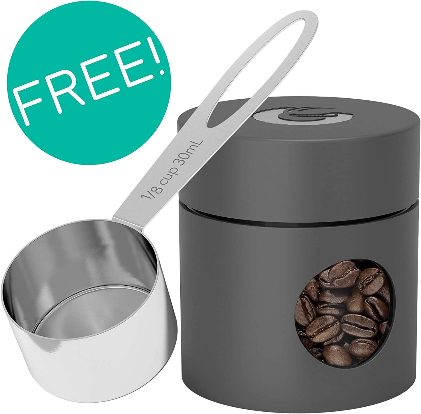 Coffee Canister – 6” Stainless Steel Airtight Coffee Containers for Ground Coffee W/ Date Tracker, Co2-Release Valve, Measuring Scoop & Travel Jar - Medium, Gray