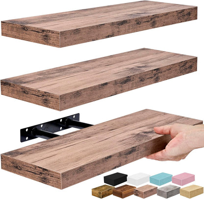 Floating Shelves for Wall - Set of 3 Rustic Wood Wall Shelves for Living Room, Kitchen, Bedroom, Bathroom Storage - 16" Shelf for Wall Decor, Home Decor, Farmhouse, Frames & Trophy Display